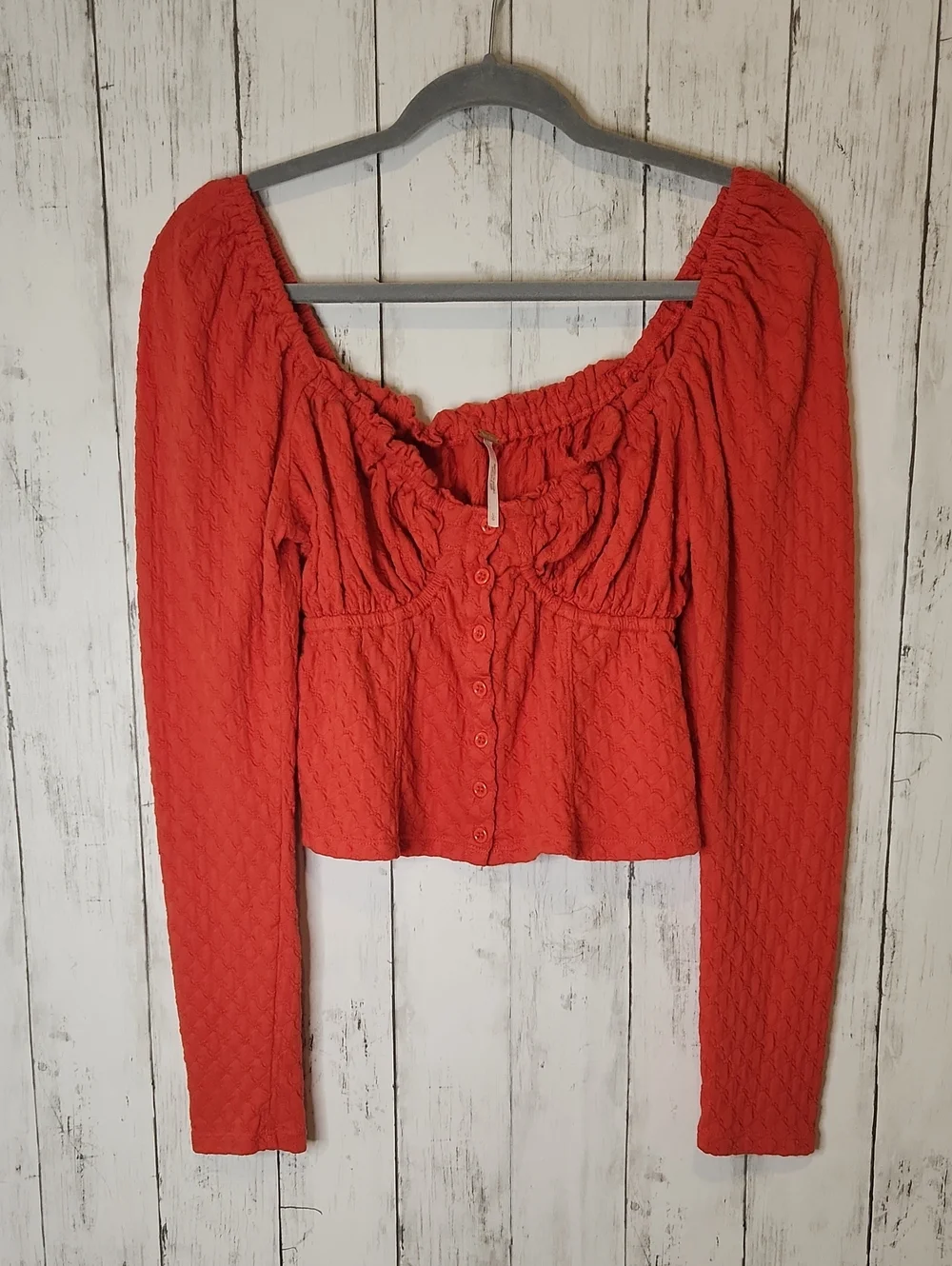 Free People Orange Textured Peasant Crop Top | Long Balloon Sleeves | Large